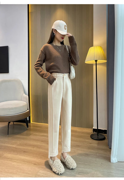 Woolen Pants Women's Harem Pencil Pants 2024 Autumn Winter High Waist Casual Pantalones Beige Black Women Ankle-Length Trousers