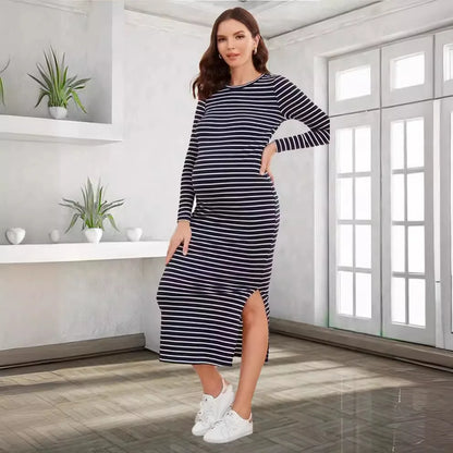 Women's Long-Sleeved Striped Round-Neck Maternity Dress, Sexy One-step Skirt, Casual Wear, Versatile, Spring, Summer