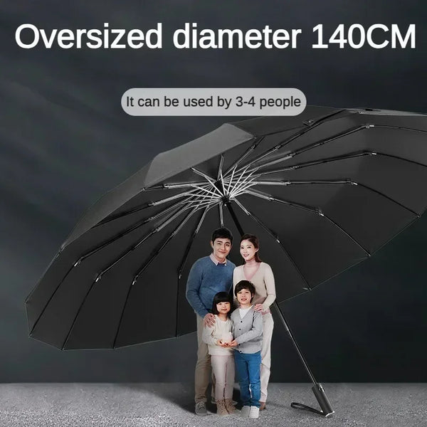 Ombrello pieghevole automatico super grande da 140 cm, rinforzato, antivento, resistente, per sole e pioggia, per uomini e donne.