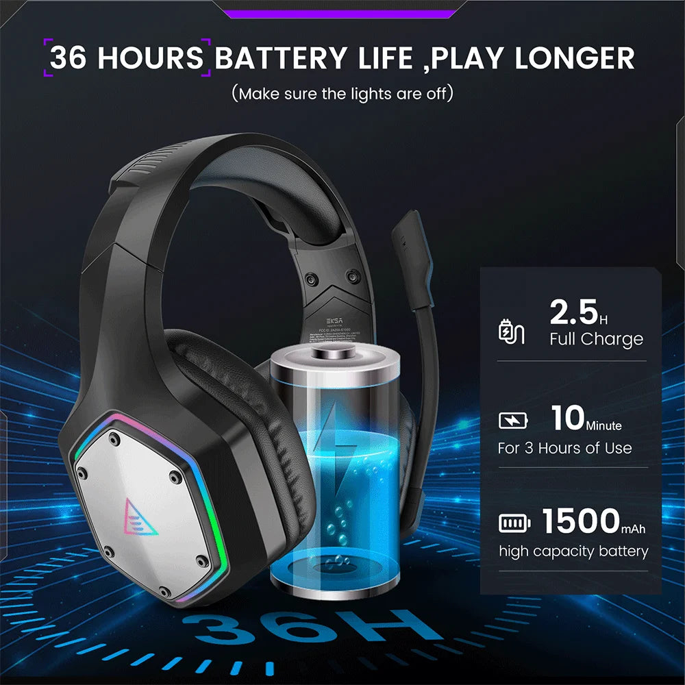 EKSA 2.4GHz Wireless Headphones E1000 WT 7.1 Surround Wired Gaming Headset Gamer with ENC Mic Low Latency for PC/PS4/PS5/Xbox