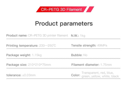 CREALITY Original CR-PETG Filament 1KG 1.75mm 7 Colors Choose High Temperature Eco-friendly Odorless Non-toxic Excellent