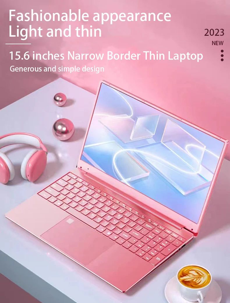 Woman Laptop Windows 10 Office Education Gaming Notebook Pink 15.6“10th Gen Intel Celeron J4125 12G RAM 1T Dual WiFi Narrow Side