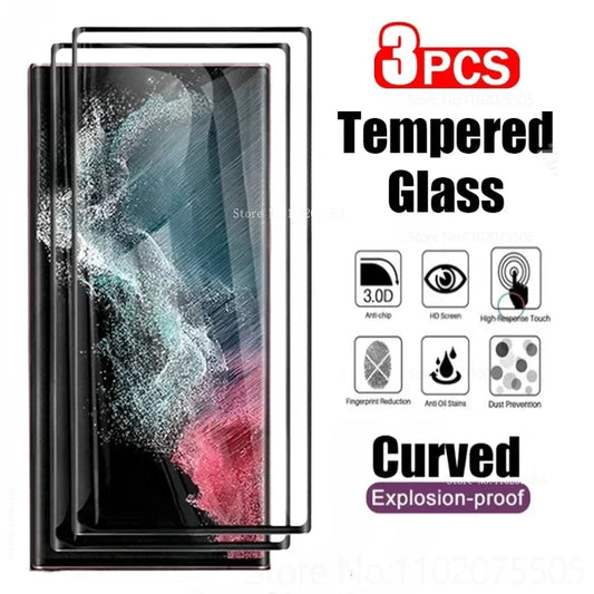 3Pcs Curved Tempered Glass For Samsung Galaxy S23 S21 S22 S24 Ultra S20 Plus Screen Protector For Samsung Note 9 10 20 S10 S9