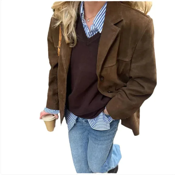 Women's Artistic Retro Fashion Brown Lapel Jacket With Pockets