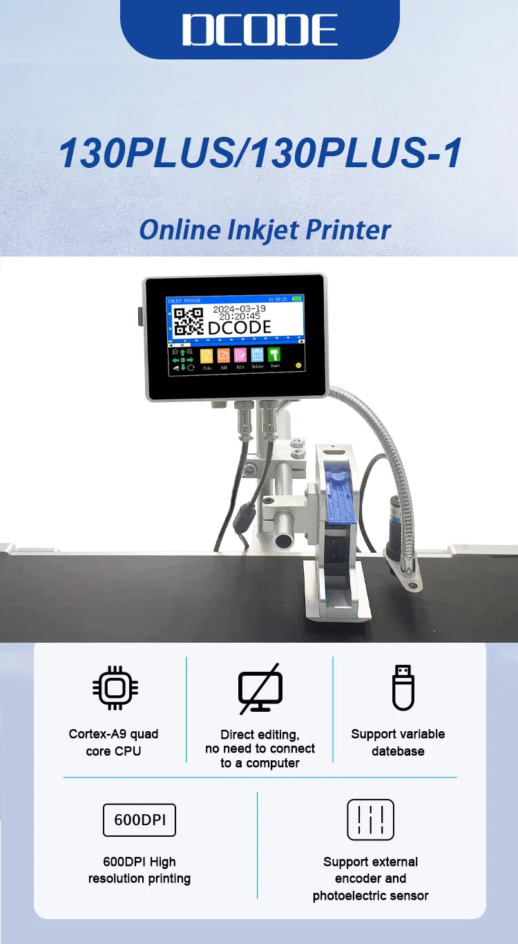 DCODE 130PLUS Industrial Online Inkjet Printer 12.7/25.4mm Nozzle with 4.3inch Screen QR Barcode Batch Number Logo Date Printer