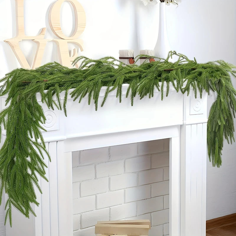 Christmas Norfolk Pine Dense Garland Artificial Greenery Real Touch Garland for Holiday Mantle Fireplace Table Home Outdoo Decor