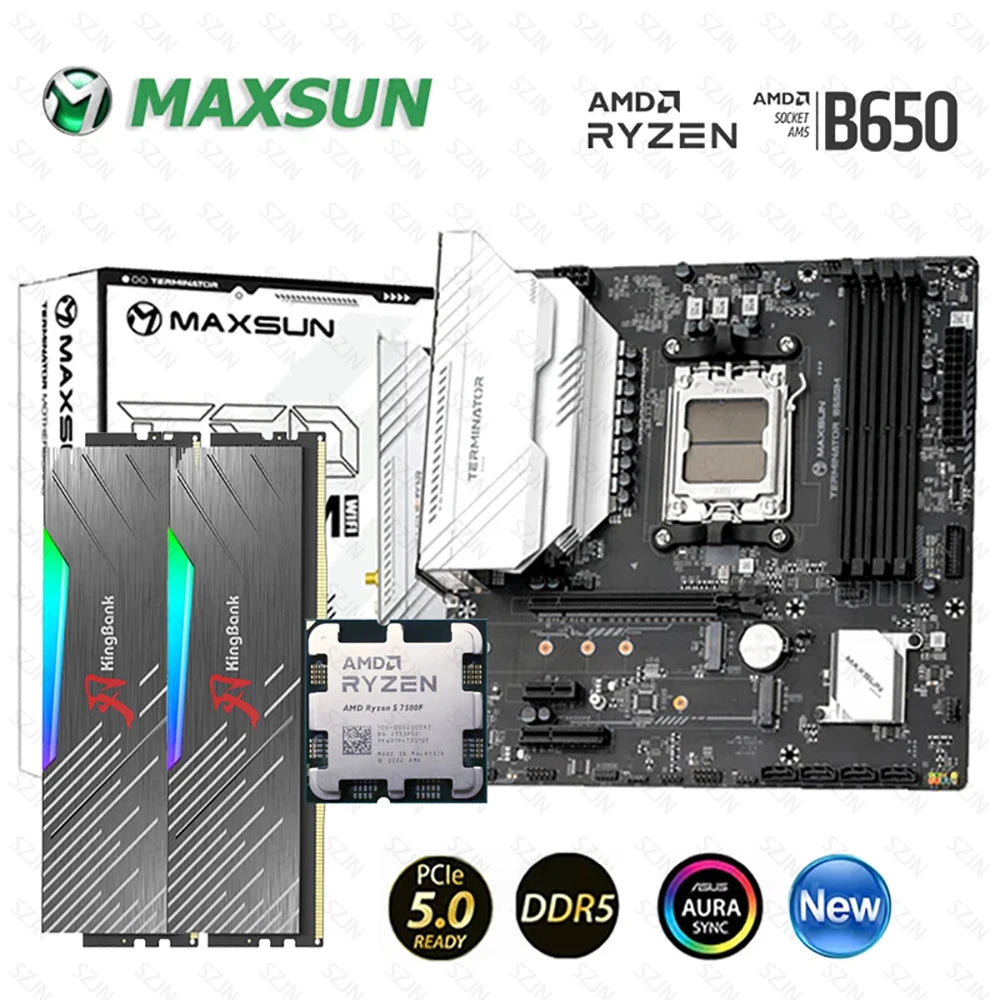 Maxsun AMD Ryzen Set R5 7500F with B650 Motherboard DDR5 32GB Support E-key PCIE&USB Protocol WIFI ARGB 2*NVME M.2 Gameing Board