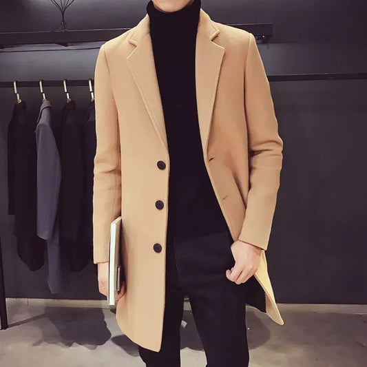 Men Long Cotton Coat 2023 Autumn Winter New Wool Blend Pure Color Casual Business Fashion Slim Windbreaker Jacket Men Clothing 