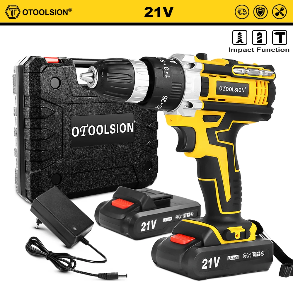 OTOOLSION New 21V Impact Cordless Drill Electric Screwdriver Rechargeable Battery Wireless Hand Drill Power Tools For DIY Home