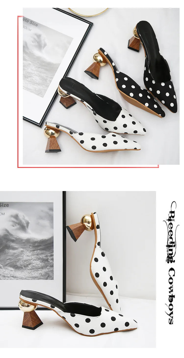 High Heel Slippers Pointed Toe Shoes Woman Elegant Mules Shoes Women Black White Dot Metal Heel Outdoors Womens Slippers E662