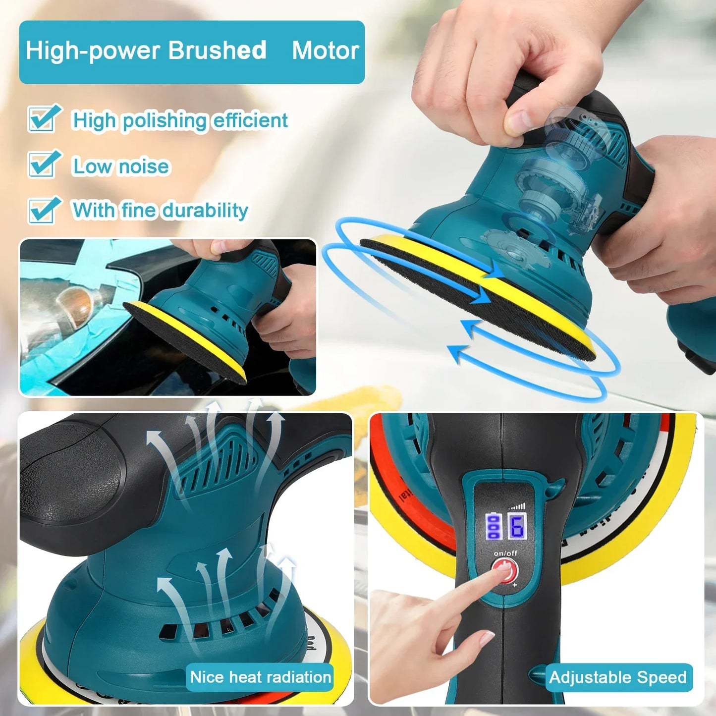 21V Cordless Car Polisher 6 Gears Speed Electric Polishing Tool Multifunctional Metal Waxing Rust Removal Wood Sanding Machine