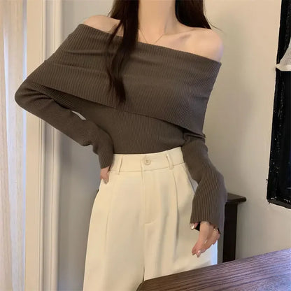 Spring Knitted Top Women's Off-shoulder Design Sensibility Niche Long Sleeve Base Layer Top Trendy Women's Knitwear