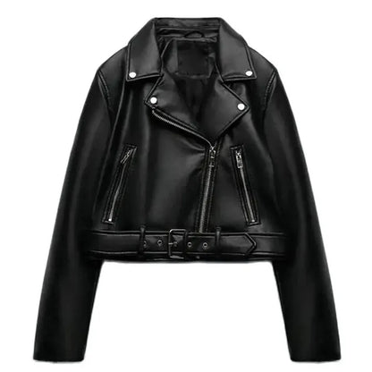 TRAF Women's New with Belt Zipper Jacket Fall and Winter Fashion Street Shooting Loose Faux Leather Biker Jacket Short Jacket