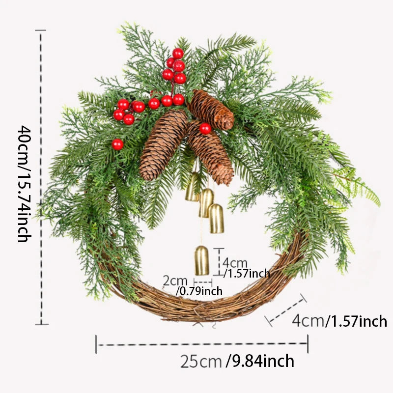 Farmhouse Christmas Wreath With Bells Door Pine Cone Decoration Artificial Geen Plants Simulation Flower Vine New Year Garland