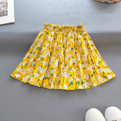 Kids Girls Princess Pleated Skirts Korean Girls Cotton Printed Large Hem Skirt Kids Floral Fluffy Party Skirt Children Clothes