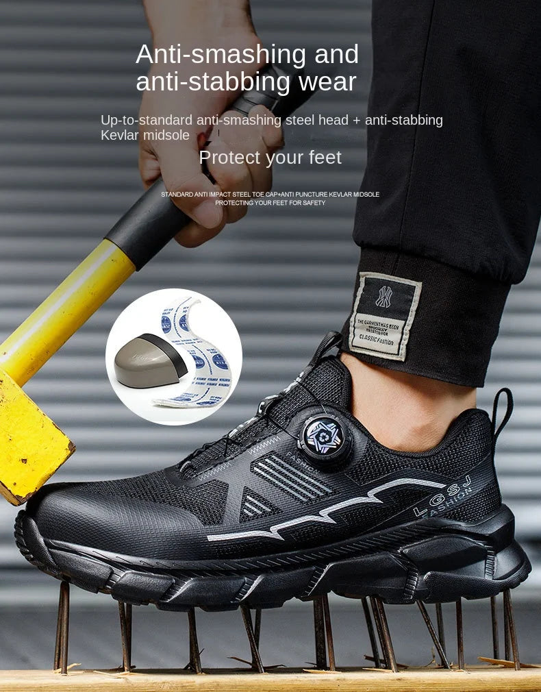 Fashion Rotating Button Lightweight Men Wrok Shoes Security Sneakers Steel Toe Boots Puncture-Proof Anti-smash Male Footwear