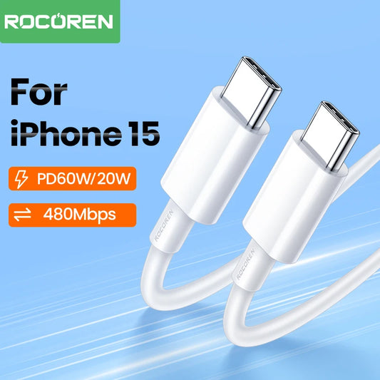 Rocoren 60W USB C to Type C PD Cable For Macbook iPad Xiaomi USB-C Fast Charging Charger For iPhone 15 Pro Max Type-C Data Cable 