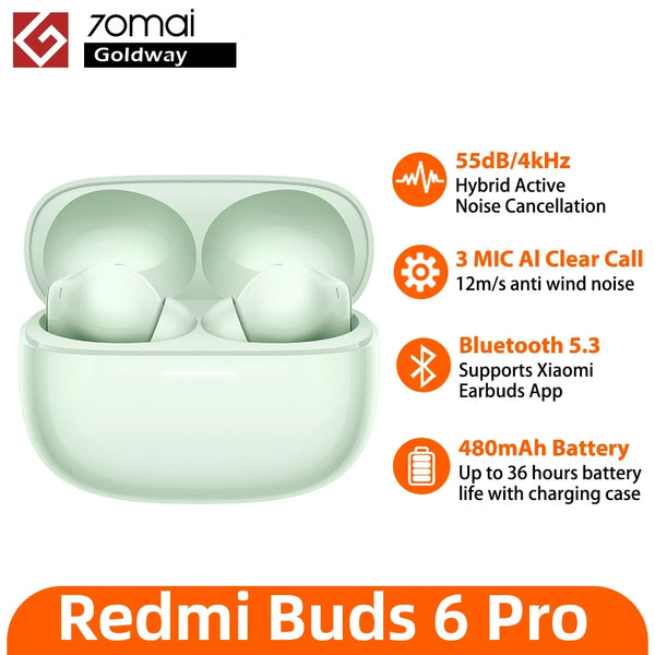 Xiaomi Redmi Buds 6 Pro Auricolari True Wireless Cancellazione attiva del rumore a 55 dB 3 MIC AI Batteria da 36 ore Auricolari Bluetooth Mi TWS