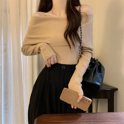 Spring Knitted Top Women's Off-shoulder Design Sensibility Niche Long Sleeve Base Layer Top Trendy Women's Knitwear