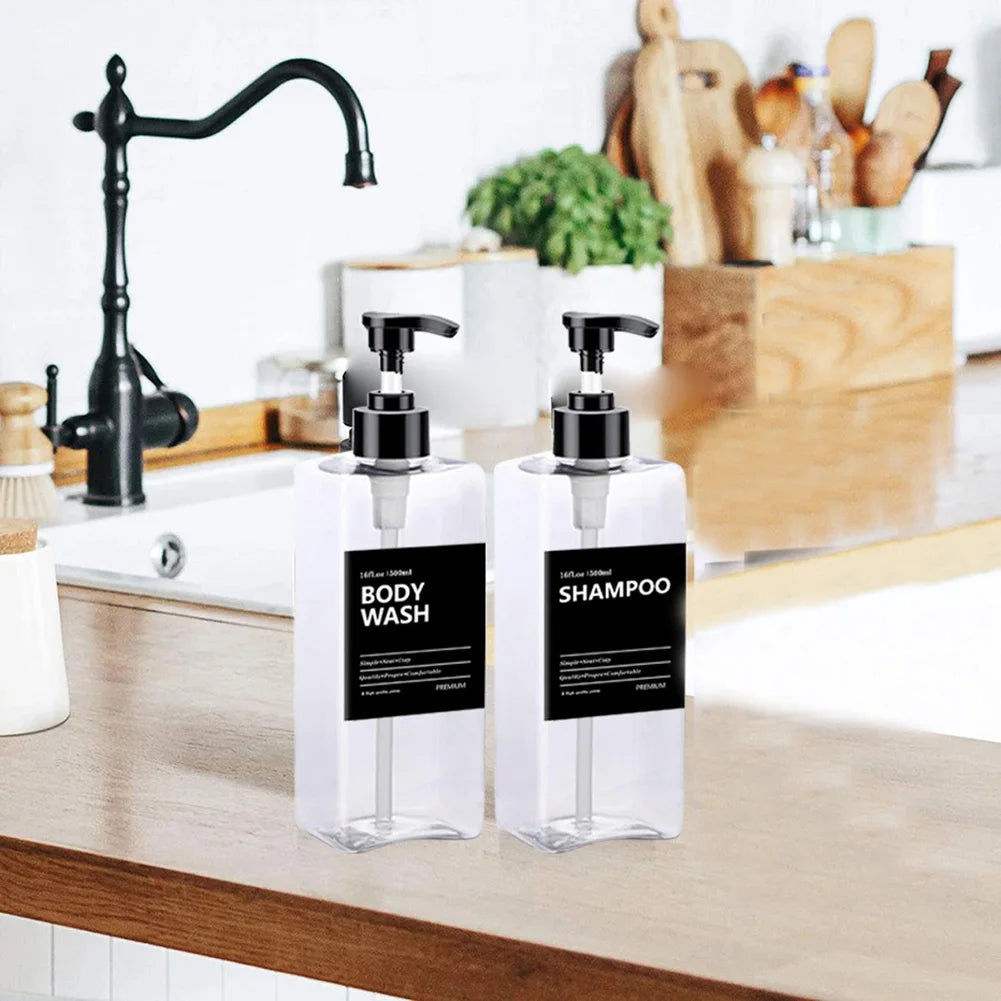 2x 500ml Refillable Square Soap Dispenser Bathroom Kitchen Liquid Storage Bottle Hand Dish Shampoo Container With Label Stickers