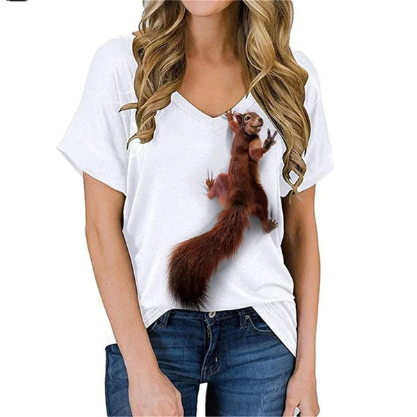 T-shirt scoiattolo, stampa 3D animale, da donna, a maniche corte, con scollo a V, Y2k, Harajuku Streetwear, taglie forti, abbigliamento femminile