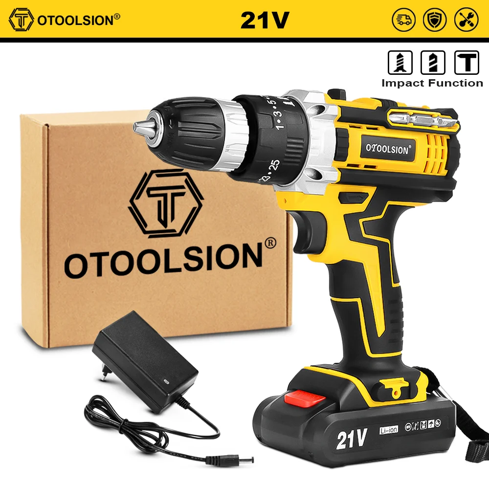 OTOOLSION New 21V Impact Cordless Drill Electric Screwdriver Rechargeable Battery Wireless Hand Drill Power Tools For DIY Home