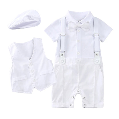 2024 Gentleman Baby Set Shirt Bow Tie Romper+Vest+Hat Newborn Dress Infant Baby Boys Clothes Set 3 Pcs Party Suit School Outfits