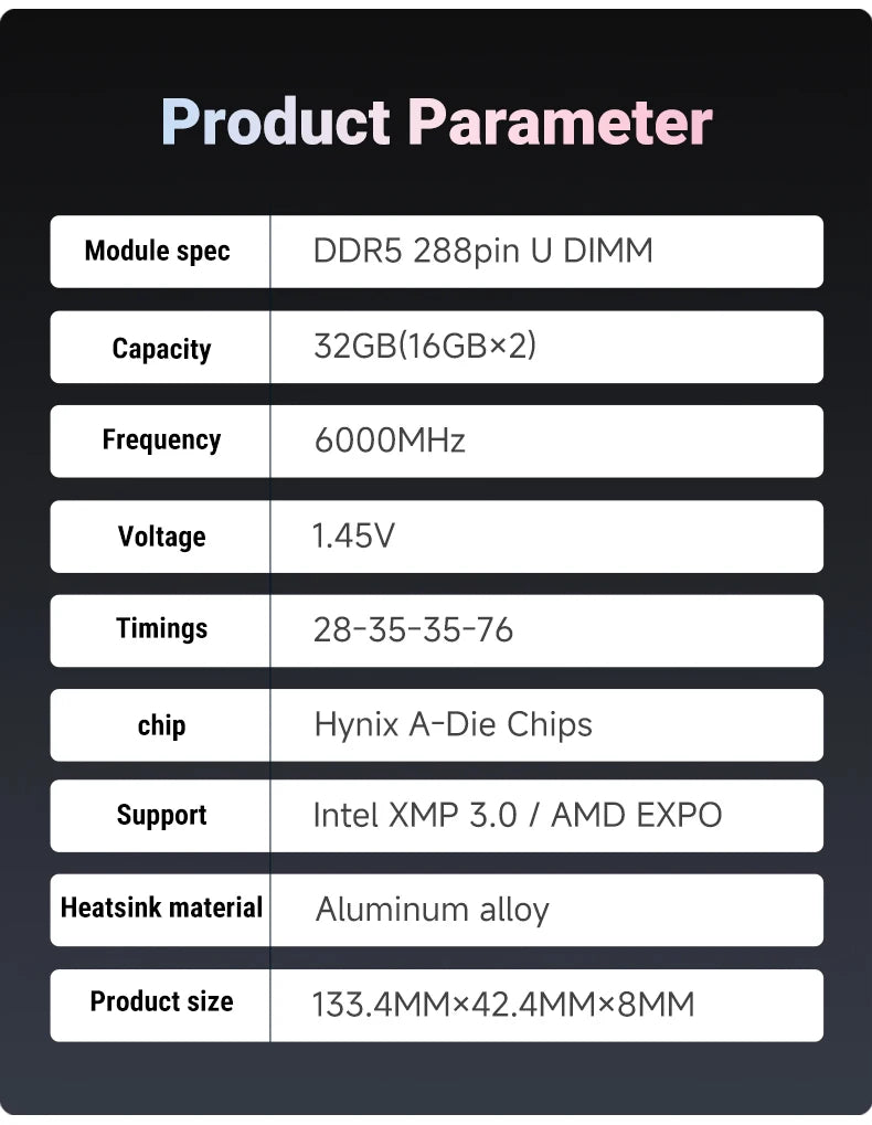 KingBank CL28 Memoria DDR5 32GB RAM 16GBX2 6000MHZ Rams Memory DDR5 Kit UDIMM Dual Channel Computador Desktop PC Hynix A die