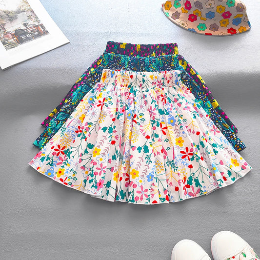 Kids Girls Princess Pleated Skirts Korean Girls Cotton Printed Large Hem Skirt Kids Floral Fluffy Party Skirt Children Clothes