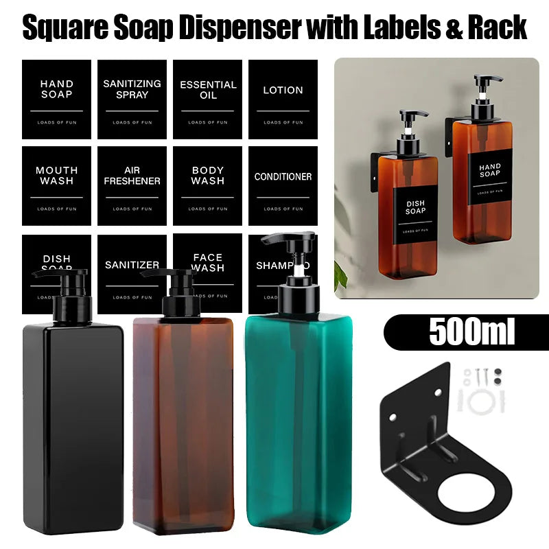 500ml Square Soap Dispenser Bottle With Rack Refillable Shampoo Container Holder Wall Mount Hanger Bathroom Kitchen Accessories