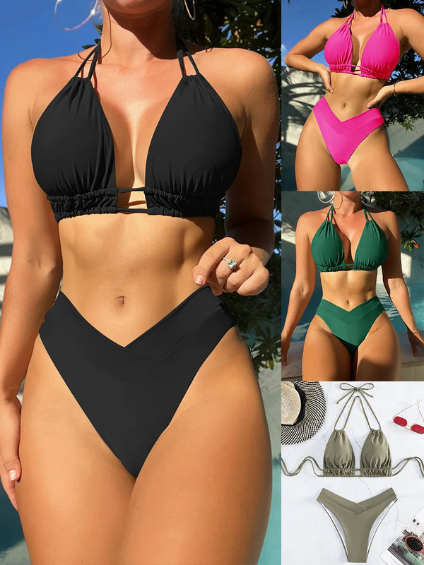 Costume da bagno bikini in nylon tinta unita, modello  alla moda, da donna, modello 2025, nuovo stile di abbigliamento da spiaggia per costume da bagno