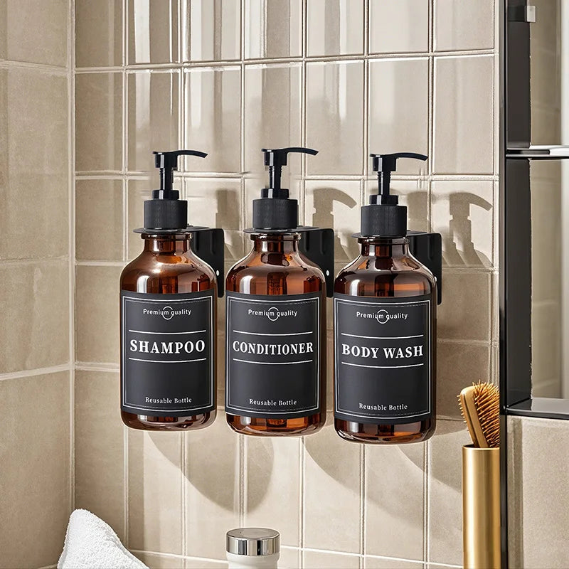 Brown Hand Soap Bottle Set with Sticker Shower Gel Household Shampoo Dispenser 500ml Liquid Container Bathroom Accessories