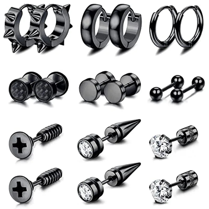 1-9 Pairs Black Stainless Steel Screw Stud Earrings For Men Women Piercing Small Huggie Hoop Earrings Set For Unisex