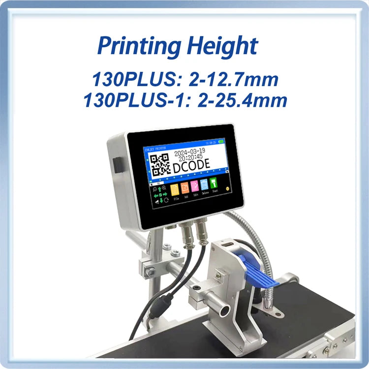 DCODE 130PLUS Industrial Online Inkjet Printer 12.7/25.4mm Nozzle with 4.3inch Screen QR Barcode Batch Number Logo Date Printer