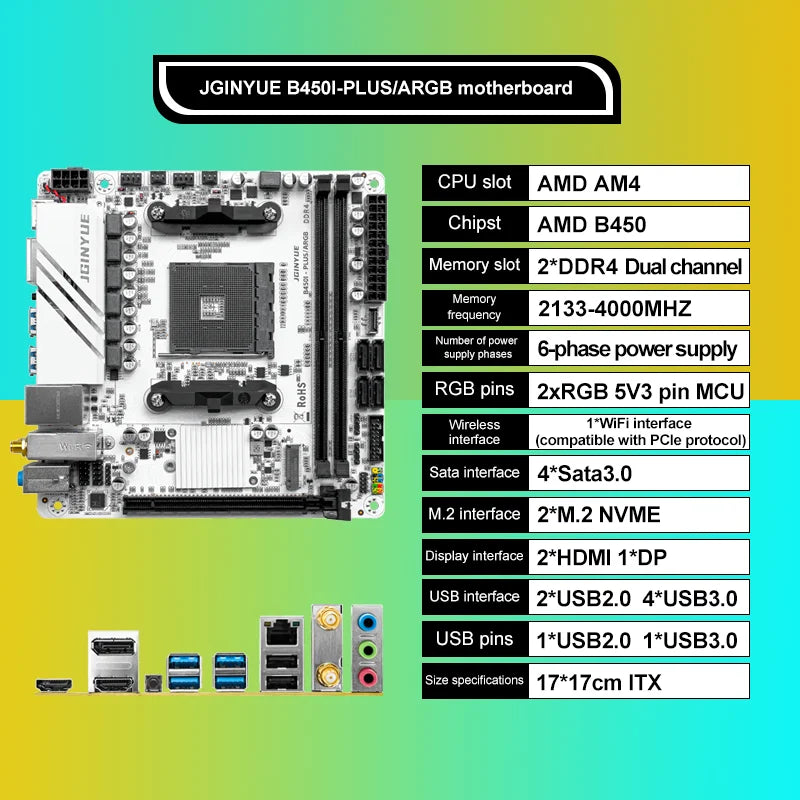 JGINYUE AMD AM4 ITX Motherboard supports Ryzen R3 R5 R7 1/2/3/4/5 series CPU DDR4 RAM Desktop PC PCI-E 3.0 B450I-PLUS ARGB MB