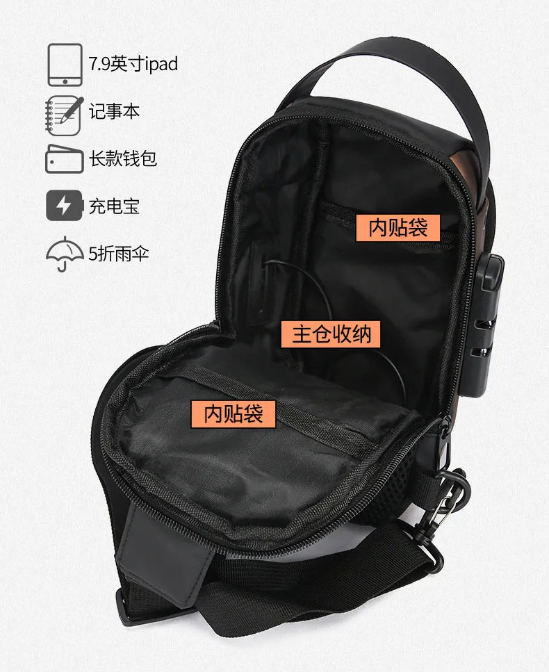 Men Anti Theft Chest Bag Shoulder Bags USB Charging Crossbody Package School Short Trip Messengers Bags Men's Oxford Sling Pack