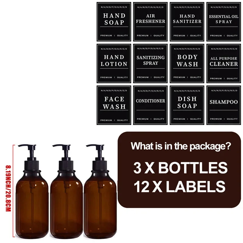 500ml Portable Empty Pump Dispenser Bottle Cylinder Shampoo Lotion Soap Hand Sanitizer Bottle with Tray 12 Label Bathroom