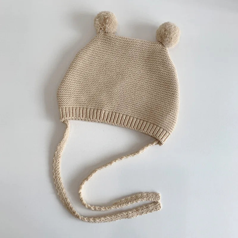 Korean Baby Ear Protection Hat Winter Warm Toddler Knitted Hat 2-24 Months Infant Woolen Crochet Bonnet Double Ball Kids Beanie