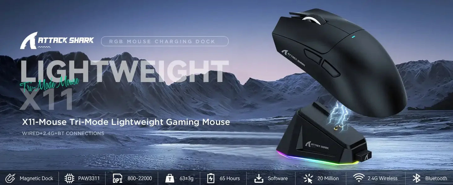 ATTACK SHARK X11 Wireless Lightweight Three-mode GamingMouse Sensor PAW3311 with RGB Charging Optical 22K DPI Computer Accessory