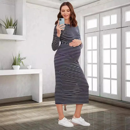 Women's Long-Sleeved Striped Round-Neck Maternity Dress, Sexy One-step Skirt, Casual Wear, Versatile, Spring, Summer