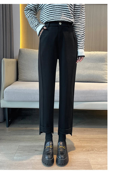 Woolen Pants Women's Harem Pencil Pants 2024 Autumn Winter High Waist Casual Pantalones Beige Black Women Ankle-Length Trousers