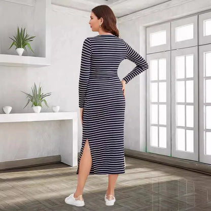 Women's Long-Sleeved Striped Round-Neck Maternity Dress, Sexy One-step Skirt, Casual Wear, Versatile, Spring, Summer