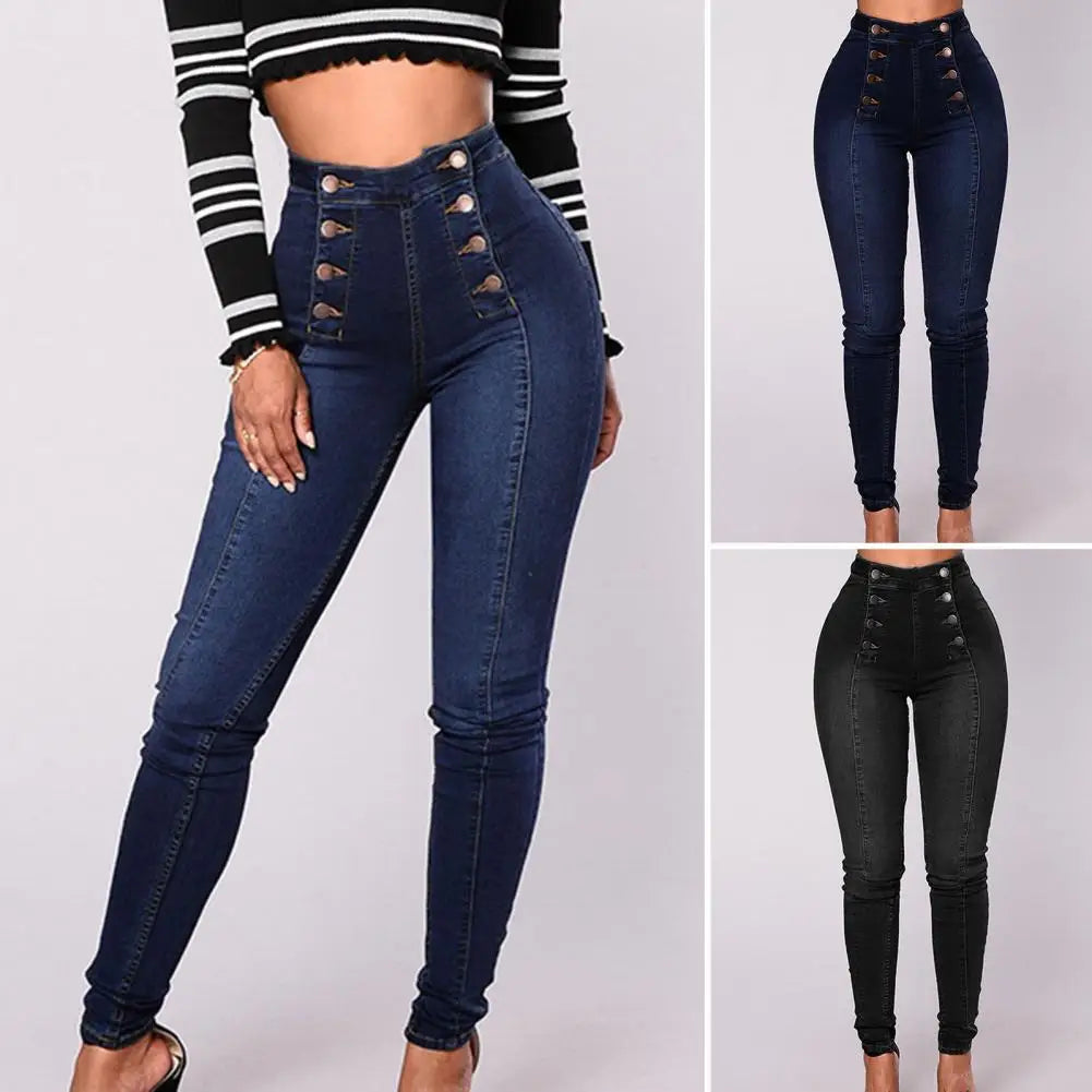 High Waist Buttons Decoration Shaping Women Jeans Pockets Push Up Fashion Skinny Double-breasted Pencil Jeans Streetwear