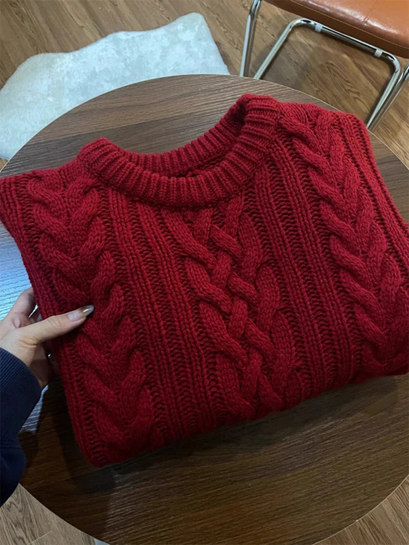 Vintage Red Sweater Women Christmas Long Sleeve Knitted Pullovers Streetwear Korean O Neck Knitwear Fall Winter Casual Jumpers