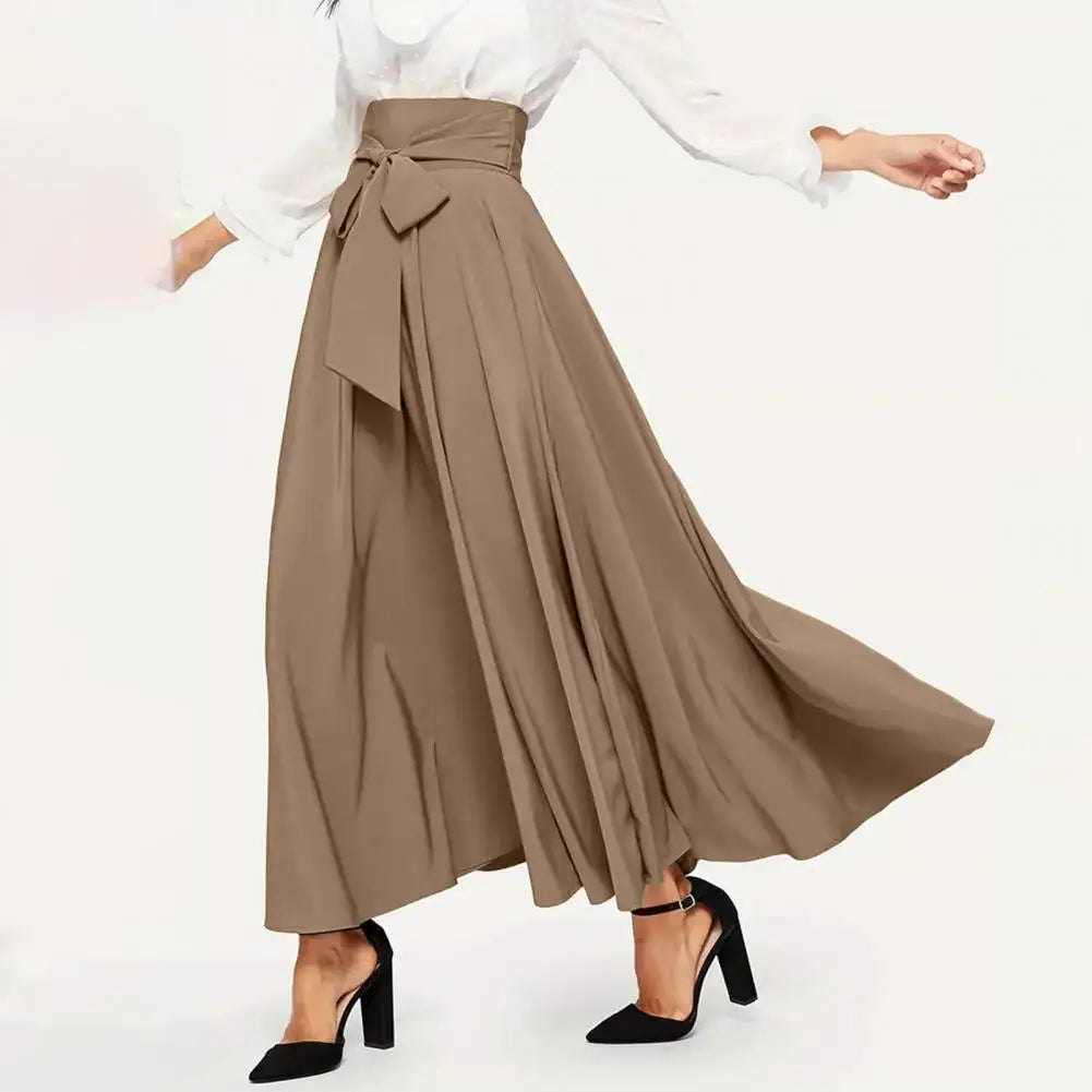 Women Skirt Elegant Lace-up Maxi Skirt with High Waist A-line Silhouette Solid Color Pleated Ankle Length for Women for Spring