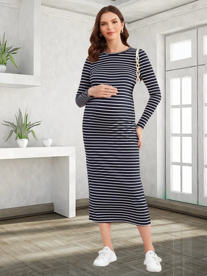 Women's Long-Sleeved Striped Round-Neck Maternity Dress, Sexy One-step Skirt, Casual Wear, Versatile, Spring, Summer