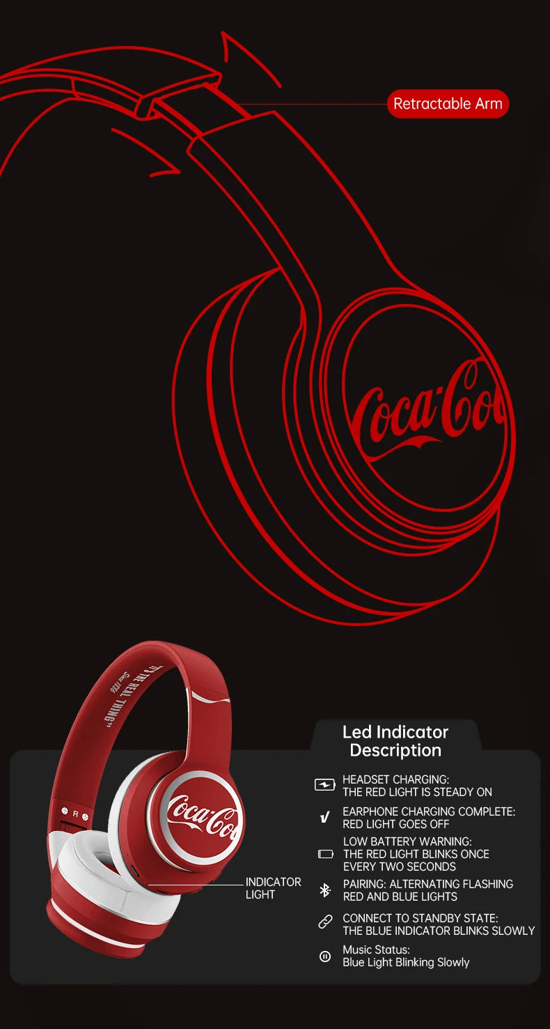 Coca-Cola Audifomos Bluetooth Inalambrico Wireless Headphones Bluetooth 5.3 Earphone Stereo HIFI Headset Game Earbuds With Mic