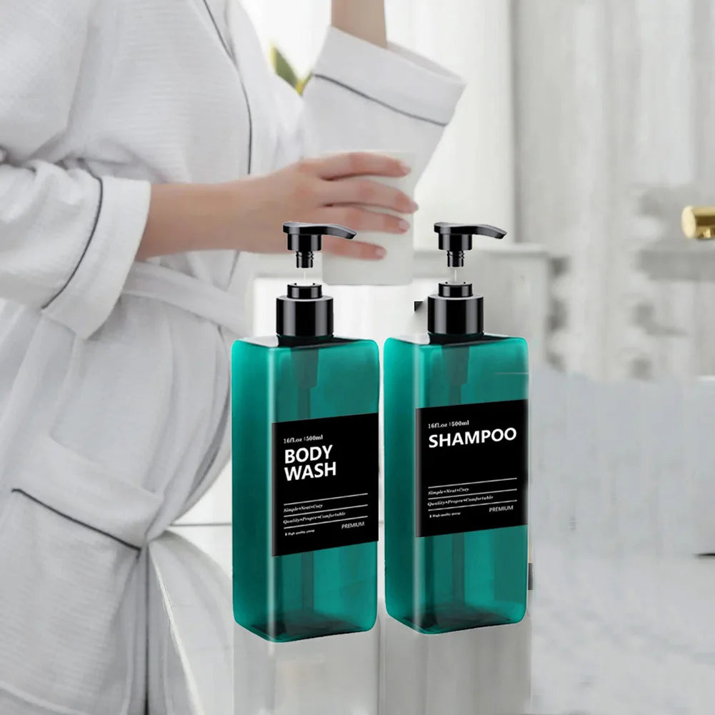 2x 500ml Refillable Square Soap Dispenser Bathroom Kitchen Liquid Storage Bottle Hand Dish Shampoo Container With Label Stickers