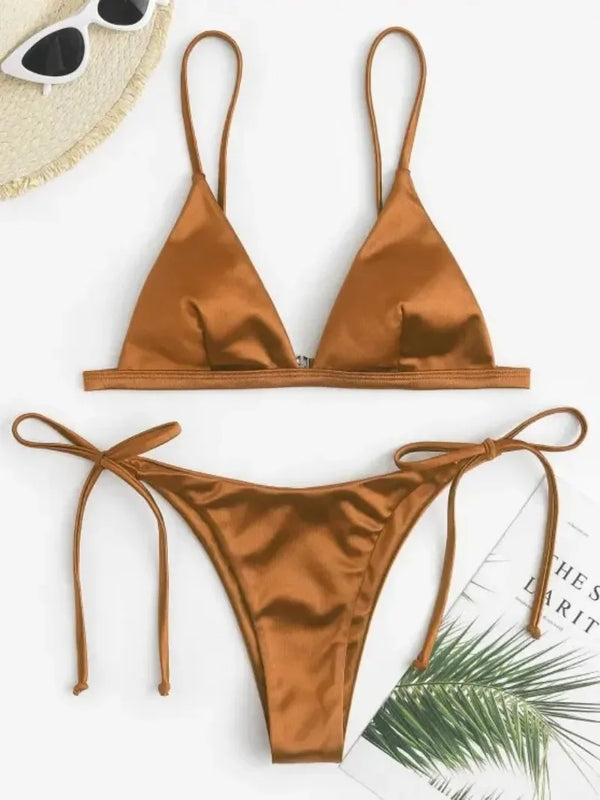 Bikini  in raso micro mini, due pezzi, costume da bagno da donna con laccetti, costumi da bagno, bikini, completi da spiaggia, bakini, set di bikini