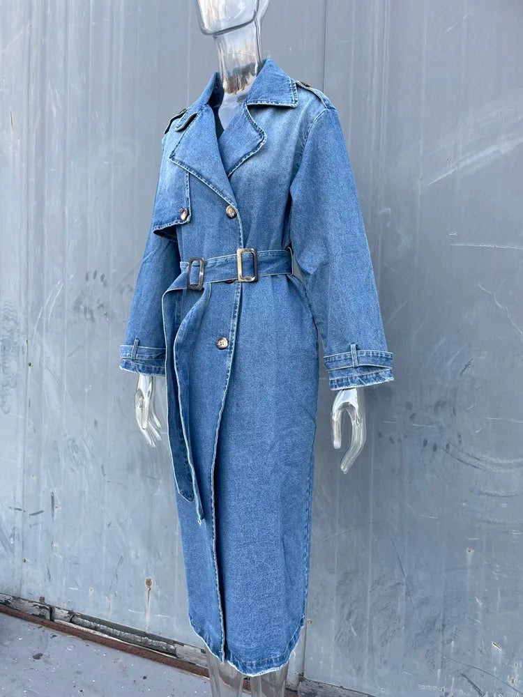 Denim Trench Coats For Women Belt On Waist Slim Jean Coats Ladies Jaqueta Feminina Blue Jean Jacket Woman